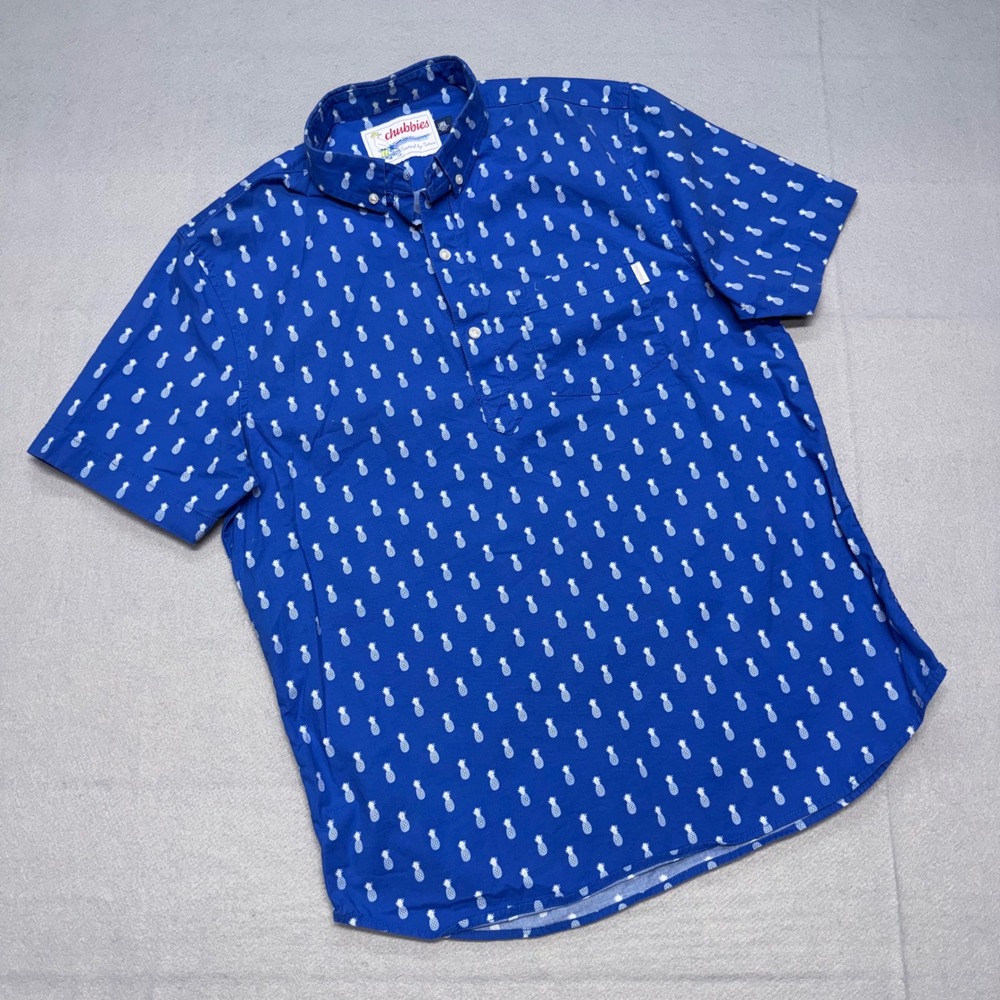 Chubbies Mens Large Blue Pineapple Print Short Sleeve Popover Button Down Shirt